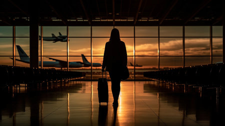 A woman is walking in an airport with a suitcase in front of a window with the sun setting behind her.generative aiの素材