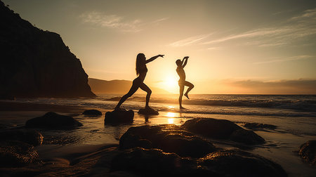 A couple walking on a beach with the sun setting behind them.generative aiの素材