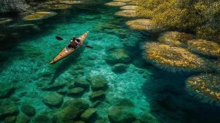 A man in a kayak is floating on a clear blue river.generative aiの素材