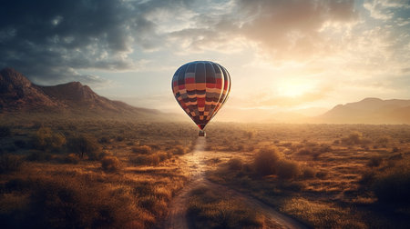 Hot air balloon flying over a mountain at sunset.generative aiの素材