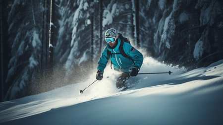 A man in yellow ski gear walks up a snowy mountain with the sun shining on him.generative aiの素材
