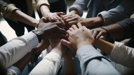 A group of people are holding hands and one of them is holding another with the other hands.generative aiの素材