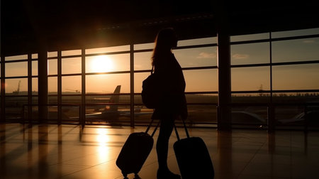 A woman is walking in an airport with a suitcase in front of a window with the sun setting behind her.generative aiの素材