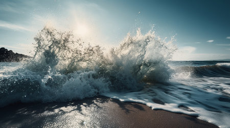 A wave crashing on a beach with the sun shining on it.generative aiの素材