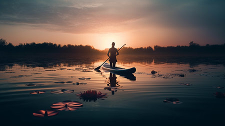 A man is paddle boarding on a lake with the sun setting behind him.generative aiの素材
