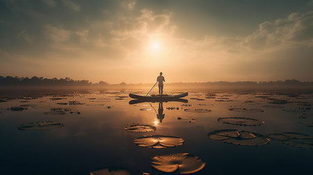 A man is paddle boarding on a lake with the sun setting behind him.generative aiの素材