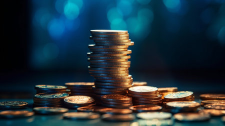 Stack of coins with blue light background, business and finance concept idea.generative aiの素材