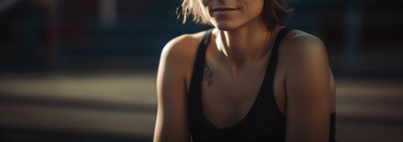 Cropped image of smiling sportswoman in sportswear sitting on sports ground.generative aiの素材