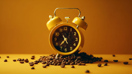Cup of coffee with coffee beans and clock on orange background.generative aiの素材