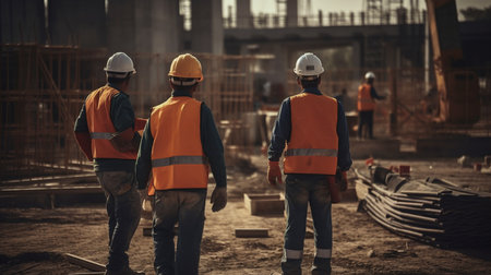 Group of engineers and architects working on a building site in the evening.generative aiの素材