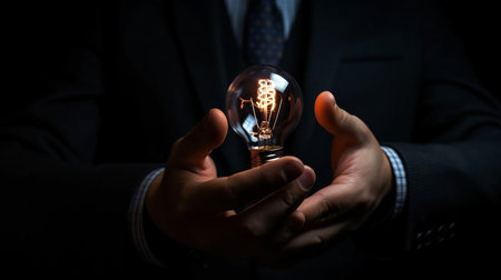 Businessman holding a glowing light bulb in his hand as a concept of new ideas and creativity.generative aiの素材