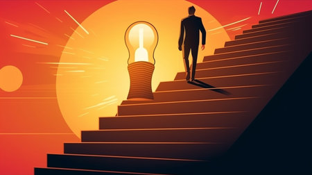 Conceptual image of businessman climbing stairs to bright lightbulb.generative aiの素材