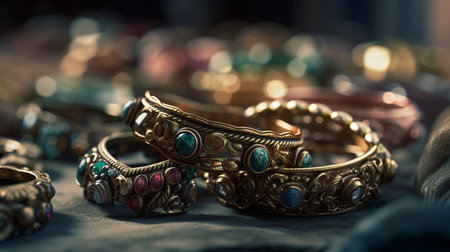 Jewelry, bracelets and rings on a dark background.generative aiの素材