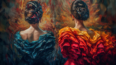 Flamenco dancers in colorful dresses on black background.generative aiの素材
