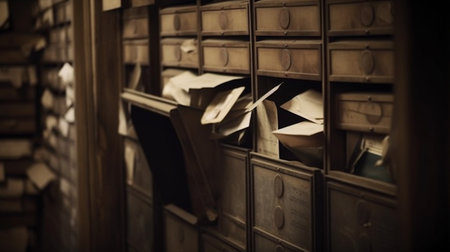 Close-up view of an open drawer in an old archive.generative aiの素材