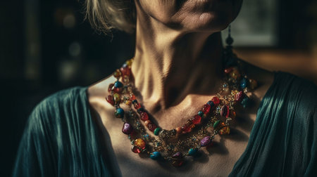 Portrait of senior woman in vintage dress with beads at home.generative aiの素材