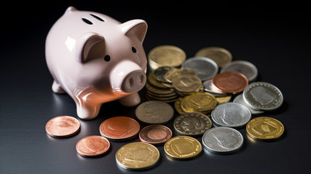 piggy bank with coins on wooden table and black background.generative aiの素材