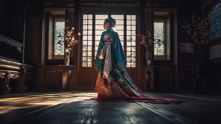 Korean woman in traditional costume in a temple in South Korea.generative aiの素材
