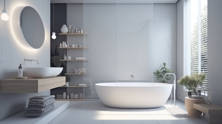 Interior of modern bathroom with white walls, concrete floor, comfortable white bathtub and round mirror.generative aiの素材
