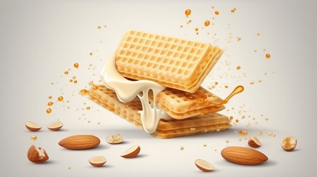 Tasty waffles with condensed milk and almonds on a white background.generative aiの素材