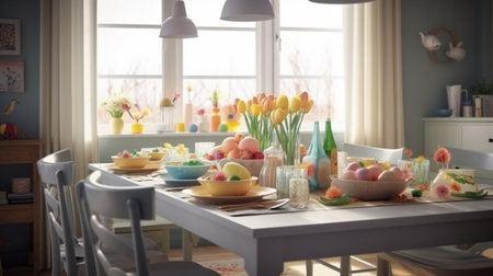 Easter table setting in modern dining room.generative aiの素材