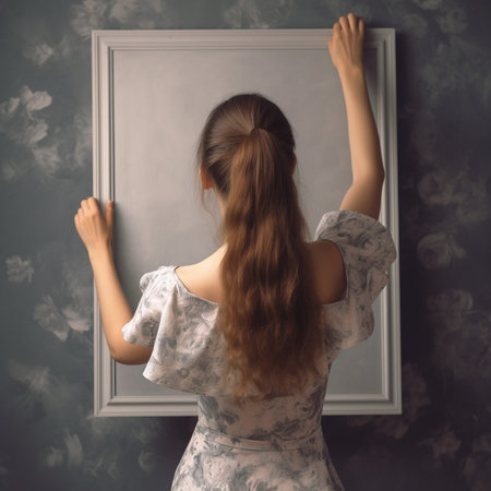 Blonde girl drawing on a blackboard with a picture frame.generative aiの素材