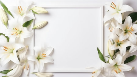 Bouquet of white lilies and white frame on white background.generative aiの素材