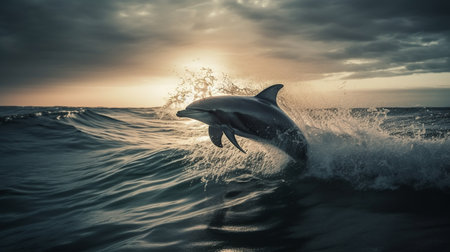 Dolphin jumping out of the water at sunset.generative aiの素材