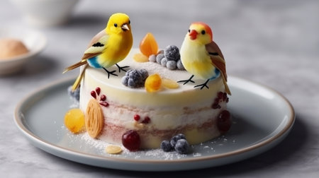 Birthday cake decorated with yellow rubber ducks and berries,generative aiの素材