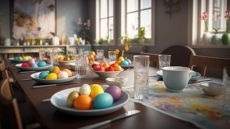 Easter table setting in modern dining room.generative aiの素材