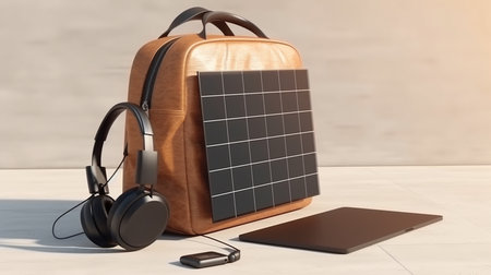 Laptop, headphones and backpack on a gray background.generative aiの素材