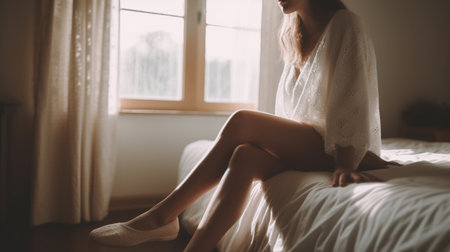 Beautiful young woman sitting on the bed in the morning.generative aiの素材