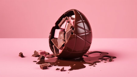Broken chocolate egg on pink background. Easter holiday concept.generative aiの素材