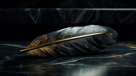 feather of a bird on a black marble background.generative aiの素材