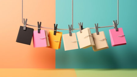 Colorful paper notes hanging on a clothesline on a colorful background.generative aiの素材