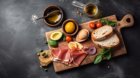 Meat products on a wooden cutting board. Ham, sausage, bacon, vegetables and spices on a dark background.generative aiの素材