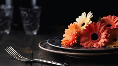 Colorful gerbera flowers on a black plate with cutlery.generative aiの素材