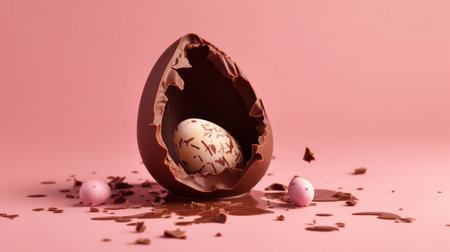 Broken chocolate egg on pink background. Easter holiday concept.generative aiの素材