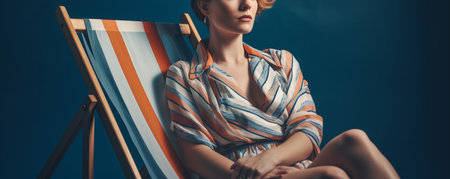 Cropped view of woman in striped dress sittingchair on blue background.generative aiの素材