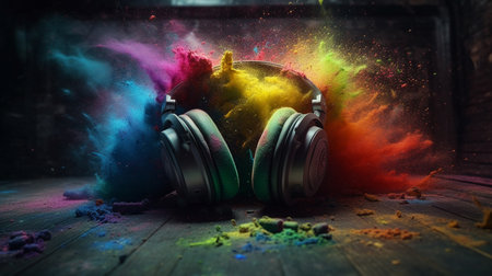 Modern headphones listening to music with colorful smoke on dark background .generative aiの素材