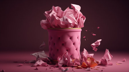 Trash can full of crumpled paper on dark red background.generative aiの素材