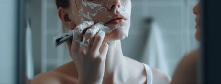 Woman applying cream on her face in front of the bathroom mirror.generative aiの素材