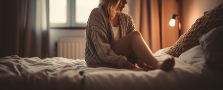 Beautiful young woman sitting on the bed in the morning.generative aiの素材