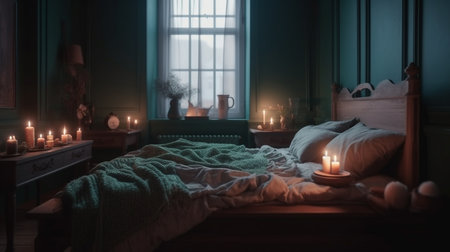 green bedroom with candles burning on the floor.generative aiの素材