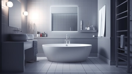 Interior of modern bathroom with white walls, concrete floor, comfortable white bathtub and round mirror.generative aiの素材