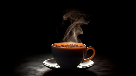 A cup of coffee with steam rising from the top.generative aiの素材