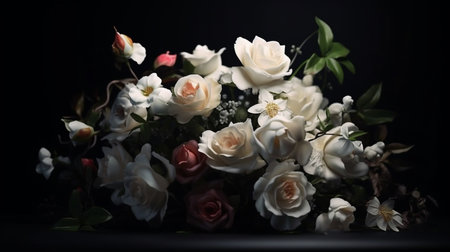 A bouquet of flowers is in a dark room with a black background.generative aiの素材