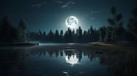 A full moon is reflected in a lake.generative aiの素材