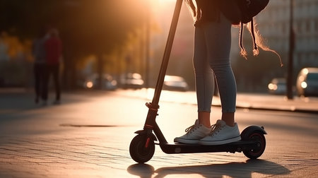 A woman riding an electric scooter in the city.generative aiの素材