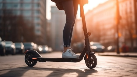 A woman riding an electric scooter in the city.generative aiの素材